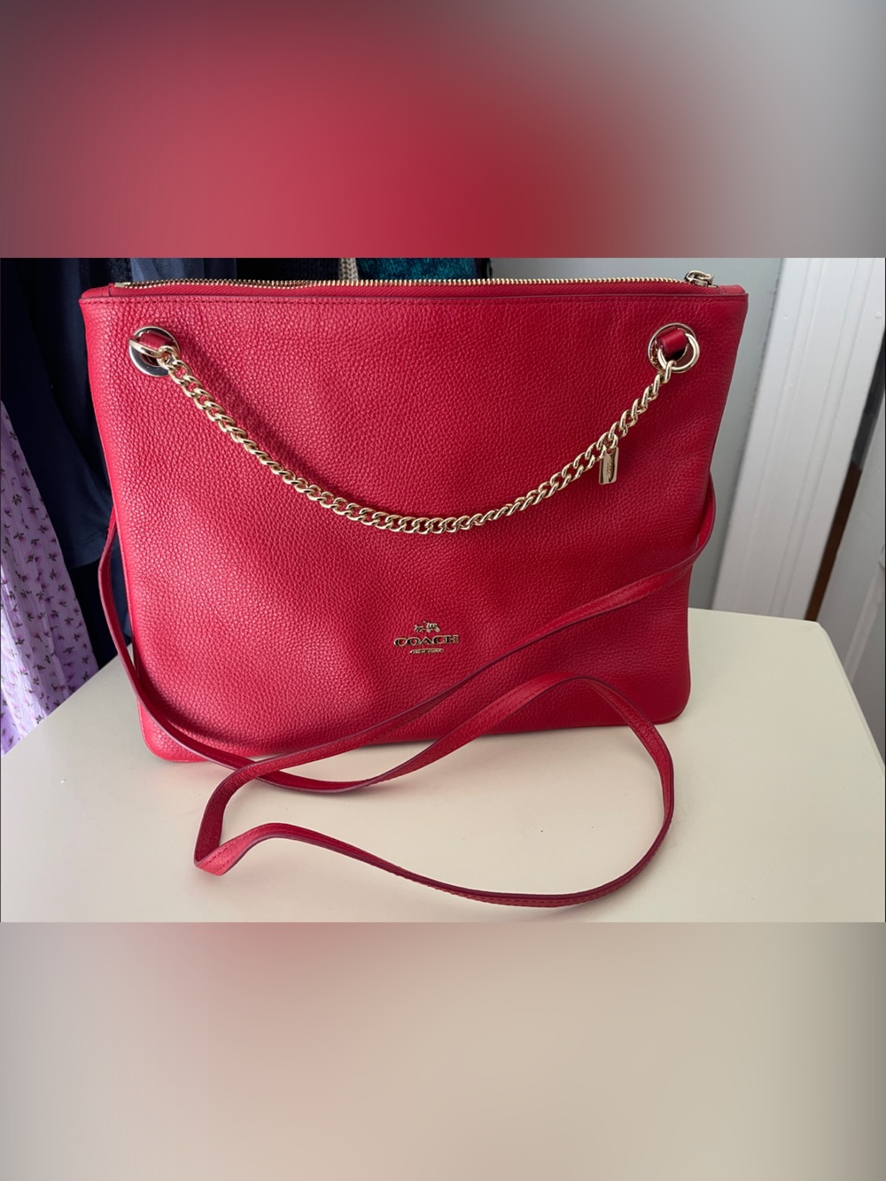 Coach Bright Red Pebbled Leather Shoulder Bag with Gold Chain